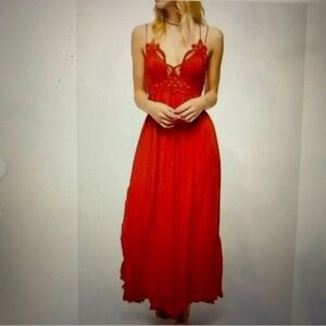 Free People maxi RED adella SM lace trim adjustable strap summer wedding date EC